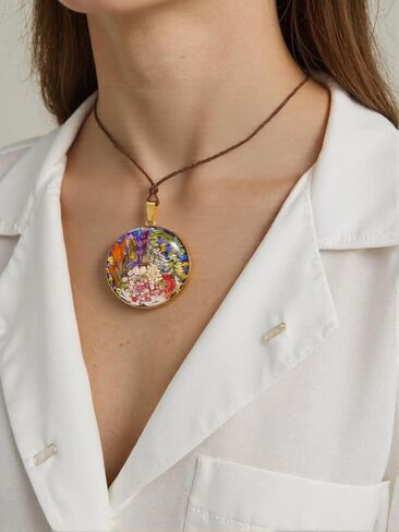 Nature's Multi Colour Dry Pressed Real Flower Round Handmade Pendant Necklace in Kuwait