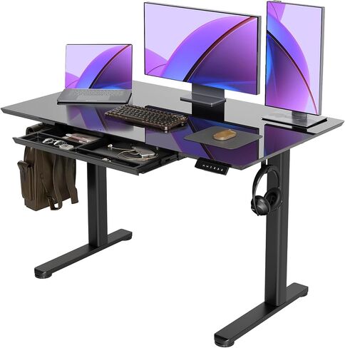 Claiks Standing Desk with Drawers, Electric Glass Desk 40×24 Inch Height Adjustable Desk, Stand Up Quick Install Home Office Computer Desk, White in Saudi Arabia