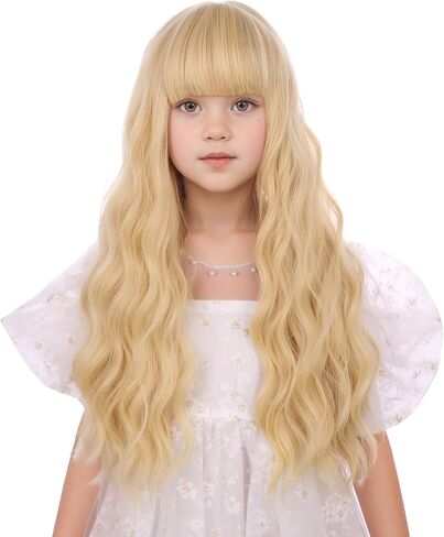Black Ombre Blonde Wig for Kids Girls Long Black to Blonde Wig with Flat Bangs Toddler Long Wavy Curly Hair Heat Resistant Synthetic Hair with Cap in Saudi Arabia