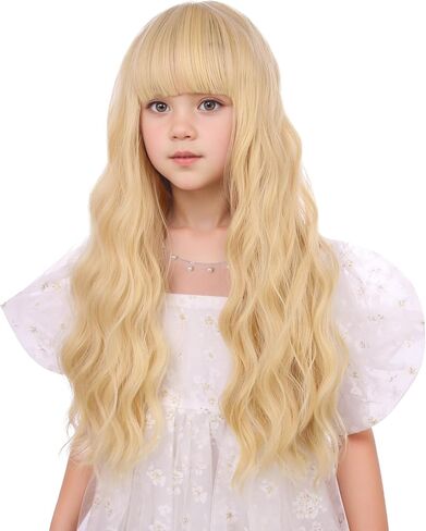 Black Ombre Blonde Wig for Kids Girls Long Black to Blonde Wig with Flat Bangs Toddler Long Wavy Curly Hair Heat Resistant Synthetic Hair with Cap in Saudi Arabia