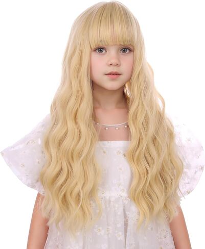 Black Ombre Blonde Wig for Kids Girls Long Black to Blonde Wig with Flat Bangs Toddler Long Wavy Curly Hair Heat Resistant Synthetic Hair with Cap in Saudi Arabia