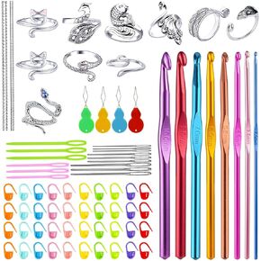 QVMKWL 10 Pcs Crochet Rings Knitting Ring for Finger and 6 Sizes Crochet Hooks with Crochet Accessories and Gadgets(6 Size Crochet Hooks)