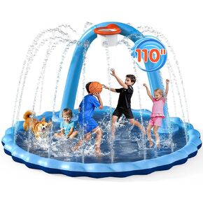 110" Splash Pad for Kids & Dogs, 2-in-1 Large Sprinkler Water Toys with Basketball Hoop Arch, Thickened Pool Mat Toys for Backyard & Garden Outdoor Summer Fun Ages 4-12