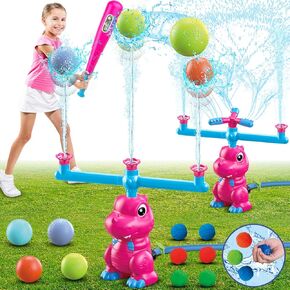 Vatos Dinosaur Sprinkler & Splash Baseball & Water Ball Toy 4 in 1 ، لعبة رذاذ المياه في الهواء الطلق مع رأس رشاش 360 درجة ، فوهة أعمدة مائية ، ألعاب حديقة في الفناء الخلفي الصيفي للأطفال