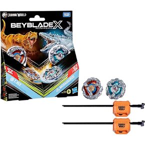 Beyblade X Jurassic World Collab T. Rex vs. Mosasaurus Multipack Set, 2 Takara Tomy Tops, 2 launchers, Battling Top Game, Dinosaur Toys, Ages 8+