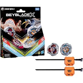 Beyblade X Jurassic World Collab Spinosaurus vs. Quetzalcoatlus Multipack Set, 2 Takara Tomy Tops, 2 launchers, Battling Tops Game, Dinosaur Toys, Ages 8+