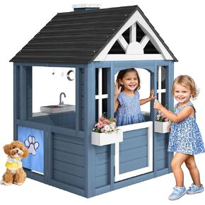 Kids Outdoor Playhouse ، Cedar Wooden Kids Playhouse مع المطبخ للعب ، باب الحيوانات الأليفة ، الحوض ، الموقد ، أدوات الطهي ، النوافذ ، حاملي زهرة ، رنين باب ، منزل يلعب في الفناء الخلفي
