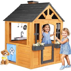 Jocoevol Kids Outdoor Playhouse, Cedar Wooden Kids Playhouse with Play Kitchen, Pet Door, Sink, Stove, Cookware, Windows, Flowerpot Holders, Ringing doorbell, Cottage Play House for Backyard in Saudi Arabia