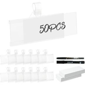 140 Pcs Wire Shelf Label Holder, Clear Reusable Shelf Tags with 2 Black Chalk Markers, Plastic Label Holder for Retail, Supermarket, Department Store, Pantry, Cards Home (2.95’’ x 1.37’’)