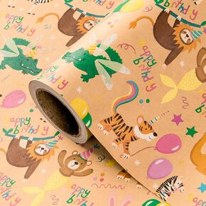WRAPAHOLIC Kraft Animal Birthday Wrapping Paper Roll - Mini Roll - 17 Inch x 16.5 Feet - Animal Happy Birthday Wrapping Paper Perfect for Kids Birthday, Baby Shower