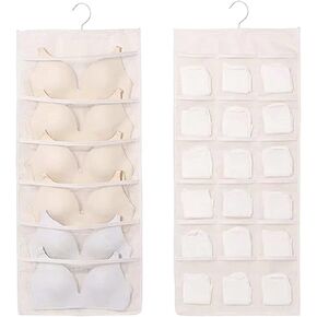 Bra and Underwear Hanging Storage Organizer Mesh Pockets Dual Sided Wall Shelves Space Saver Bag Sock Underpants Drawer Closet Clothes Rack (Beige:(6+18 Pockets))