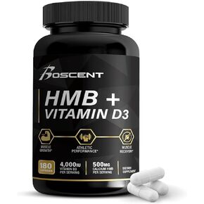 BOSCENT HMB and Vitamin D3 Supplement - 1,000 MG HMB with 4,000 UI of D3 and Calcium - Muscle Growth, Strength and Recovery. B-Hydroxy B-Methylbutyrate Butyrate Supplements - 180 Capsules (3 Month)
