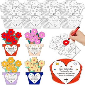 Kosiz 24 Pcs Mother's Day Color Your Own Cards Flower Pot Paper Mother's Day Religious Coloring Crafts Bulk Holiday Best Mom DIY Thankful Gift Card for Sunday Home Fun Activities