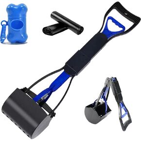 Non-Breakable 24 Inch Portable Dog and Cats Poop Scooper with Foldable Long Handle, 20 Pet Waste Bags & 1 Dispenser, Set for Yard, Grass,Ideal for Large & Small Dogs (Blue)