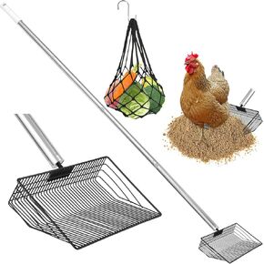 Large Chicken Poop Scooper, 10-inch Stainless Steel Extendable Chicken Coop Cleaning Shovel with Vegetable Hanging Feeder Net, 55 Inch Adjustable Long-Handle Poop Scoop with 0.2 Inch Fine Mesh Sieve