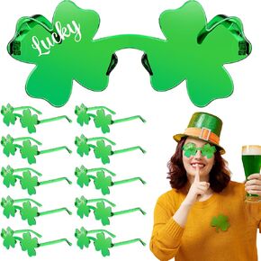 12 Pcs St. Patrick's Day Shamrock Glasses Green Four Leaf Clover Glasses Irish Photo Accessories for Women and Men(Irish, Lucky)