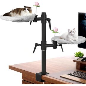 2 Tier Cat Desk Bed - 360°Rotating & Adjustable - Supports up to 44 Lbs - with Replaceable Bed Net - Removable & Washable - Modern Indoor Cat Furniture for Office Desks and Game Tables