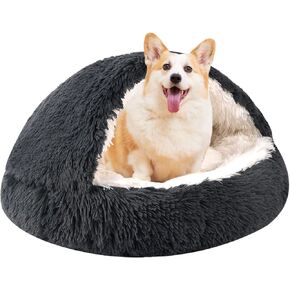 Round Hooded Cat & Dog Bed with Cover Cave, Faux Fur Cuddler - Self Warming Donut Bed Fits up to 22 lbs Pets (Gray, 24" x 24")