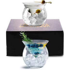 نظارات Lemonsoda Stemless Martini مع المبرد - كوكتيل كوكتيل مجموعة مع Cavier Server Bowl - Ball Bar Martini Gift for Margarita ، Cosmopolitan ، Manhattan Cocktails (مجموعة من 2)