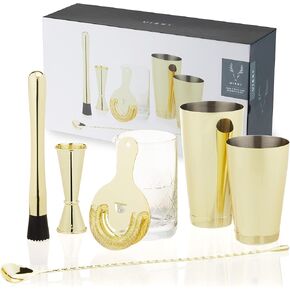 مجموعة Muddler Cocktail Viski ، مجموعة النادل المكون من 7 قطع - Muddler ، Jigger مزدوج ، عصا ضجة ، 2pcs tumblers ، 2pcs ice cbher moulds ، أدوات الكوكتيل أدوات بار