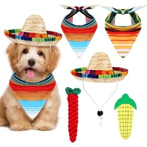 Mexican Dog Costume Accessories Cinco De Mayo Fiesta Dog Bandana Mexican Pet Scarf with Dog Straw Hat Pepper Shape Dog Teething Toys Corn Entertaining Puppy Toys Small Dogs Carnival Party Supplies