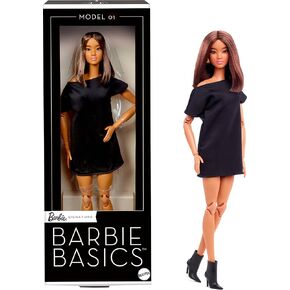 Barbie Basics Model 01 Collector Doll with Brunette Hair, Black Mini Dress & Shoes, Universal-fit Fashions, Posable Body & Swappable Doll Head