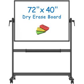 VIZ-PRO Double-Sided Magnetic Mobile Whiteboard 72 x 40 Inches, Black Aluminium Frame and Stand, with 3 Dry Erasers