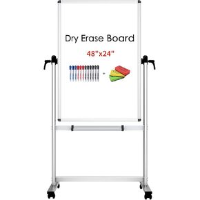 VIZ-PRO Double-Sided Magnetic Mobile Whiteboard, 48 x 24 Inches, Portrait Orientation,Aluminium Frame and Stand, with 12-Count Markers and 3 Colored Erasers