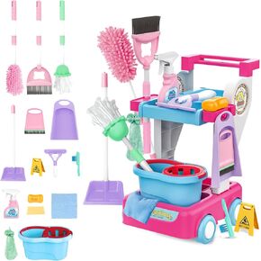 deAO Kids Cleaning Set for Toddlers, 17 PCS Pretend Play Detachable Housekeeping Cart with Broom,Dust Pan,Spray Bottle Children House Cleaning Tools,Kids Broom and Mop Set in Kuwait