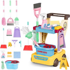 deAO Kids Cleaning Set for Toddlers, 17 PCS Pretend Play Detachable Housekeeping Cart with Broom,Dust Pan,Spray Bottle Children House Cleaning Tools,Kids Broom and Mop Set