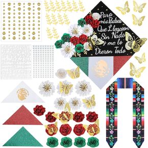 Humyoun 44 Pcs DIY Graduation Cap Decorations Kit, Mexican Graduation Stole Sash Flower Heads 3D Butterfly Stickers Glitter Rhinestones Pearl Stickers Alphabet Letter Number for Grad Cap Topper Gift