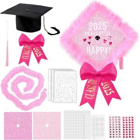 Gilprop Pink DIY Graduation Cap Decorations Included Graduation Cap, Alphabet Letter Stickers, Rhinestones Stickers, Glitter Paper, Artificial Plush, Tassel and Bow for Art DIY Hat Grad Topper