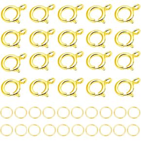 AD Beads Spring Clasps 14K Gold Plated and Silver Plated with Open Jump Rings Round Clasps for Necklaces Bracelet Or Jewelry Making (50Pcs Gold Plated)