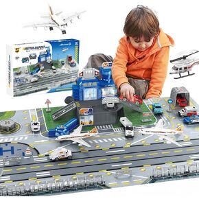 Airplane Toy Set for Kids, Airport Terminal Playset with Plane, Helicopter, Trucks, Luggage Trailer, Signs and Airport Playmat, Toy Airplane Idea Gift for Boys Girls Age 2 3 4 5