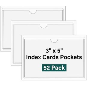 52 Pack Index Card Pockets with Top Open, 4 x 4 Inch Adhesive Label Pockets Clear Plastic Index Card Holder for Organizing, Storage Bins, Library Cards, Notes
