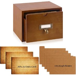 DLUGOPIS 3x5 بطاقات الفهرس حامل WOOD INDEX INDEX منظم مربع حامل بطاقة فلاش حامل البطاقات مع درج 30 PCS بطاقات مكتبة خمر 5 Kraft Dividers لبطاقات هدايا مكتب المنزل