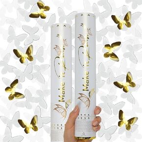 PrimePure Confetti Cannon Party Poppers - White & Gold Butterfly Shaped Confetti Poppers - 2 Pack - Party Cannon Shooters Gun for Wedding, Birthdays, Celebrations
