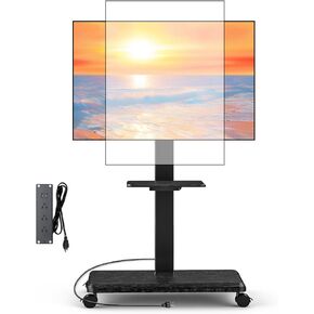 Rolling TV Stand with Power Outlet for 32-75 Inch TVs up to 110 lbs, Tilt & Swivel Mobile TV Stand on Wheels Portrait Height Adjustable Mobile TV Cart with Wood Shelf, Max VESA 600x400mm White