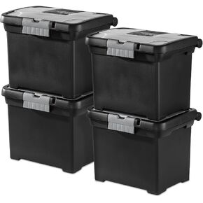 Sterilite Portable File Box, Stackable Storage Bin with Latching Lid and Handle, Plastic Container to Organize Papers in Home, Office, Black, 4-Pack
