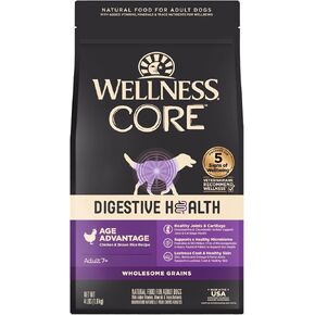 Wellness CORE Digestive Health Dry Senior Food with Wholesome Grains, Advanced Age for Dogs Over 7-Years Old, for Dogs with Sensitive Stomachs, Made in USA with Real Chicken (Senior, 4 Pound Bag)