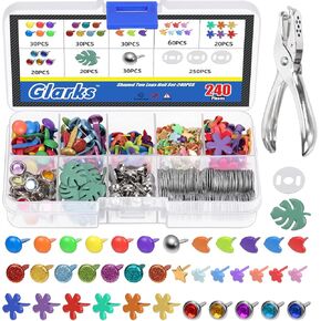 Glarks 491pcs مجموعة الأرقام المعدنية ، ومثبتات الورق متعددة الألوان والشكل مع غسالات وكمة ثقب لمشاريع الصياغة والروايات DIY