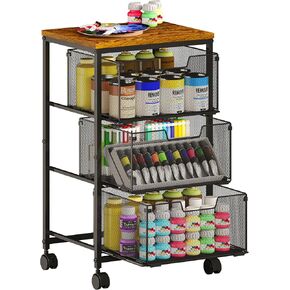 عربة ثلاث مستويات مع الأدراج ، عربة تخزين الحرف المتداول ، عربة فائدة مع عجلات ، atelier ، حامل طبقة المكتب ، لون خمر （15.75L*11.8W*26.77H بوصة）