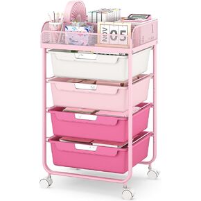 Rolling Cart with 4 Drawers,4 Tiers Rolling Utility Cart Craft Cart,Rolling Storage Drawer Cart with Mesh Top,Storage Cart with Drawers & 4 PCS DIY Lable, Pink