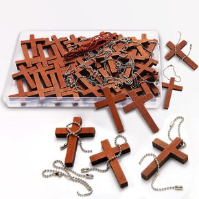 Gtudkae 1 Box Box Wooden Pocket Cross يحتوي على 70 سحرًا متقاطعًا و 70 سلاسلًا ، معلقات خشبية طبيعية نقية لصلاة الكنيسة ، عيد الفصح ، الهدايا المسيحية ، الحرف لمجوهرات DIY ، سلاسل المفاتيح
