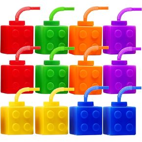 Building Blocks Cups 12 oz Reusable Brick Party Kids Cup Plastic Party Cups with Lids and Straws for Block Birthday Party Supplies Favors 24 PCS