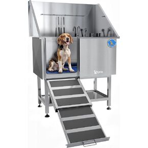 Kanis Professional Steel Steeld Dog Bathing Station - Grooming Tub مع درج تخزين ، صرّح ، حوض استحمام الصنبور/الكلاب للحيوانات الأليفة الكبيرة والمتوسطة والصغيرة (32 "، درج واحد - لا منحدر)