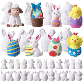 Zubebe 32 Pcs Easter Ceramic Painting Kit Ready to Paint Your Own Bunny Figurines 3D Ceramics Bunny Egg Chick Sheeps to Paint Easter Gifts Basket Stuffers for Kids Toddler DIY Arts Crafts