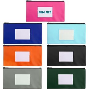 7 Pack Mini Bank Money Bag for Cash, 8.3" x 4.5", Small Deposit Money Pouch with Zipper, Server Leatherette Cash Bag, Clear Window and 7 Blank Cards.