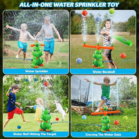 Vatos Dinosaur Sprinkler & Splash Baseball & Water Ball Toy 4 in 1 ، لعبة رذاذ المياه في الهواء الطلق مع رأس رشاش 360 درجة ، فوهة أعمدة مائية ، ألعاب حديقة في الفناء الخلفي الصيفي للأطفال in Kuwait