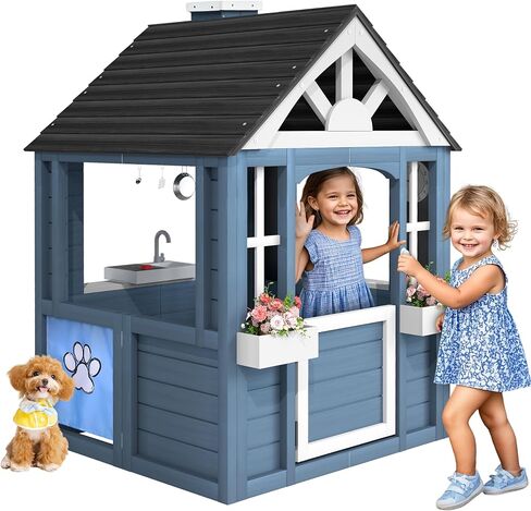 Kids Outdoor Playhouse ، Cedar Wooden Kids Playhouse مع المطبخ للعب ، باب الحيوانات الأليفة ، الحوض ، الموقد ، أدوات الطهي ، النوافذ ، حاملي زهرة ، رنين باب ، منزل يلعب في الفناء الخلفي in Kuwait
